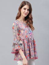 Grey and Peach Floral Gatherd Top Having Pom-Pom on Sleeves and Hemline