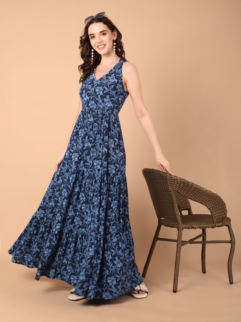 Blue Floral Printed Tiered Dress