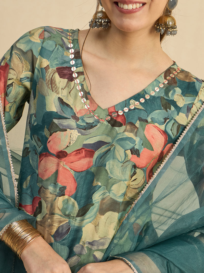 Floral Printed Kurta With Palazzo & Dupatta Set