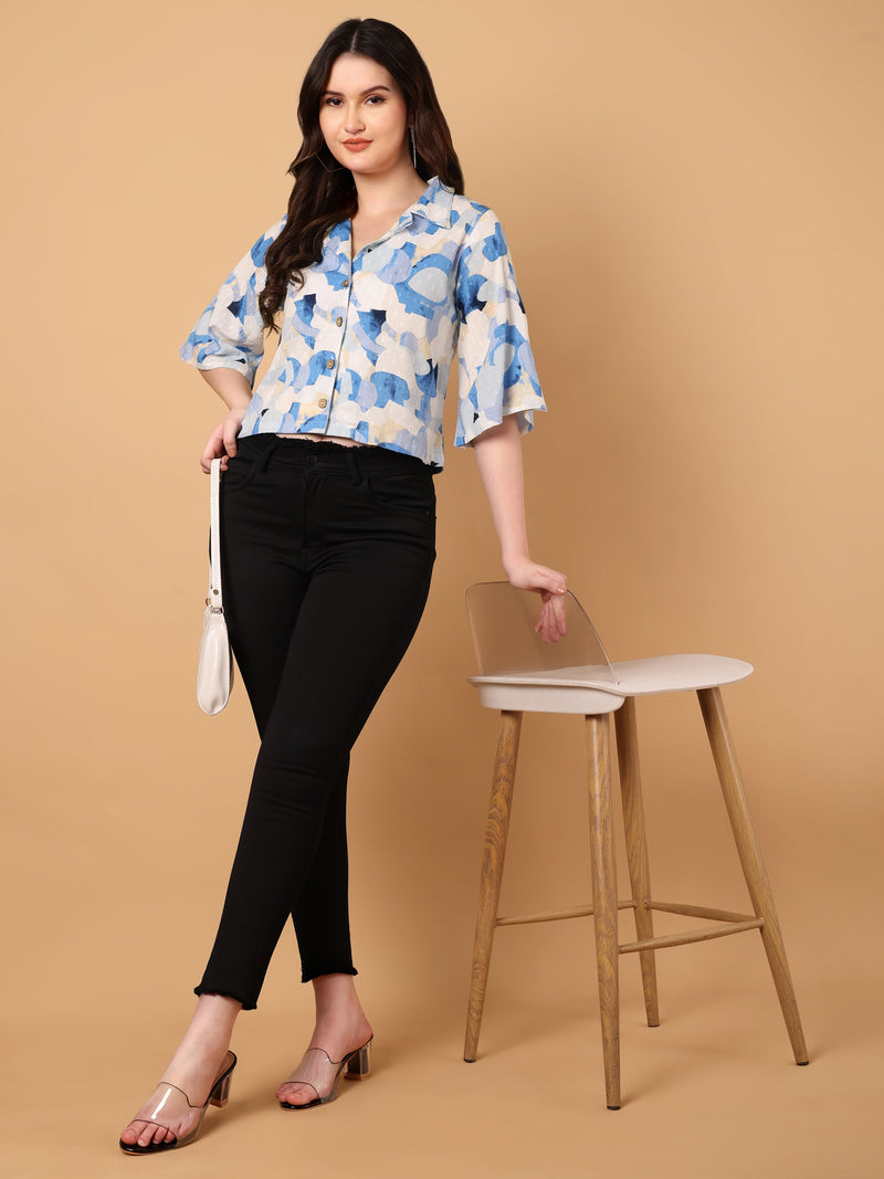 Abstract Printed Shirt Collar Top