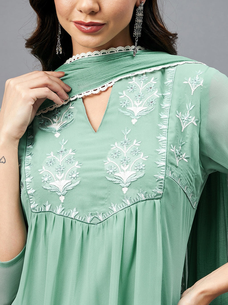 Green Embroidered Kurta With Palazzo & Dupatta