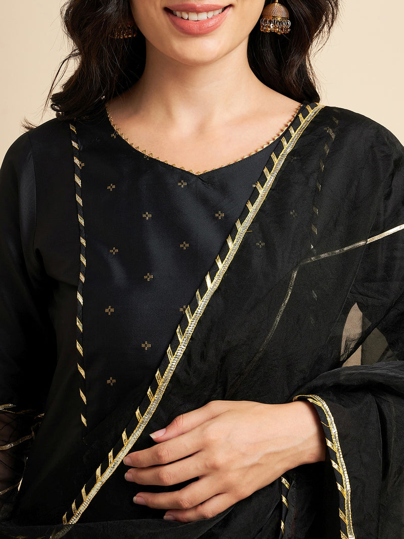 Black Raw Silk Straight Calf Length Kurta With Palazzo Dupatta Set