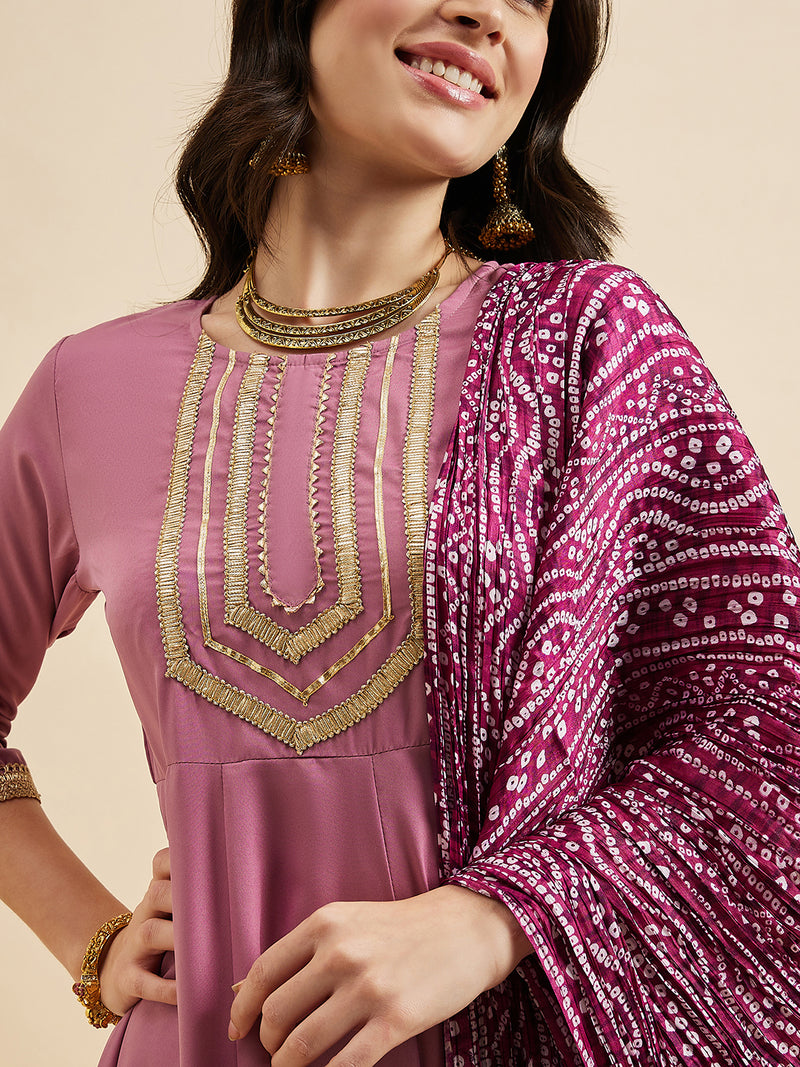 Solid Anarkali Kurta With Palazzo & Dupatta Set