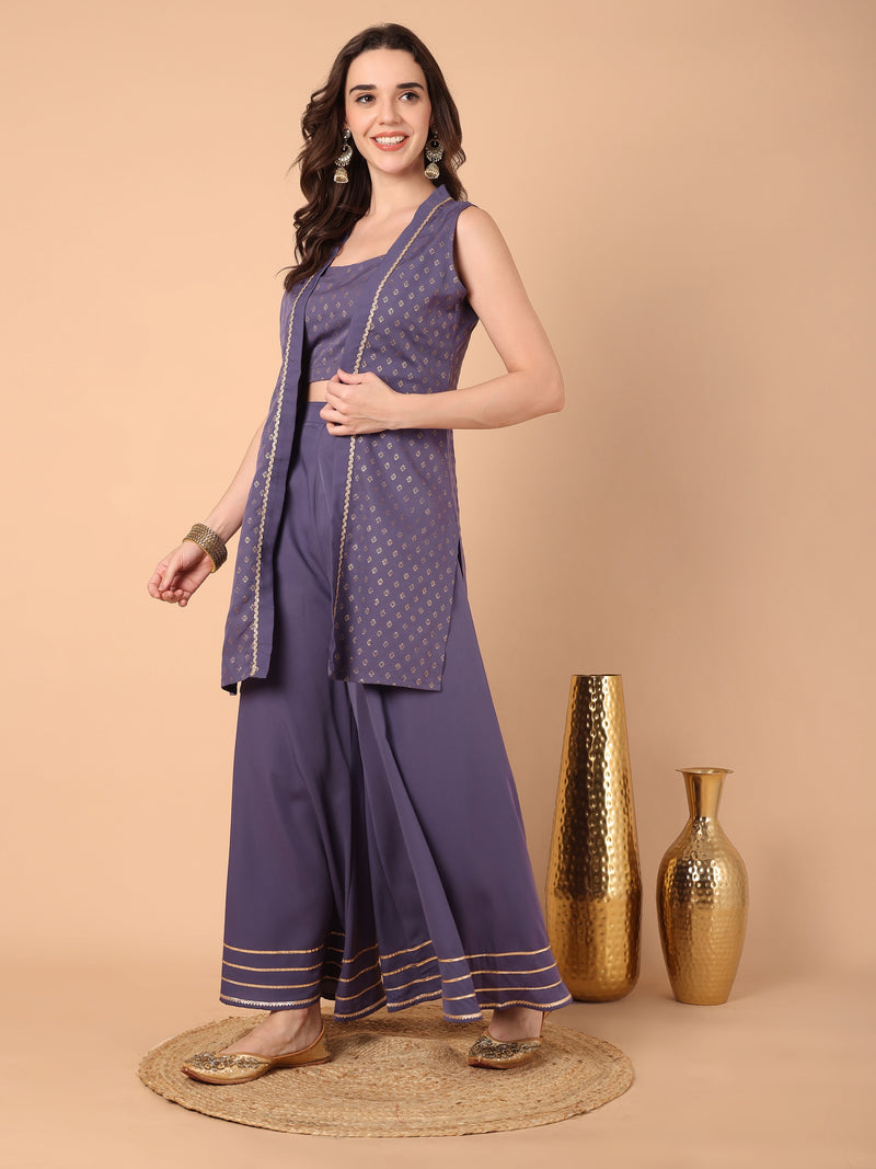 Printed Top with Front Open Embellished Shrug With Sahara Set