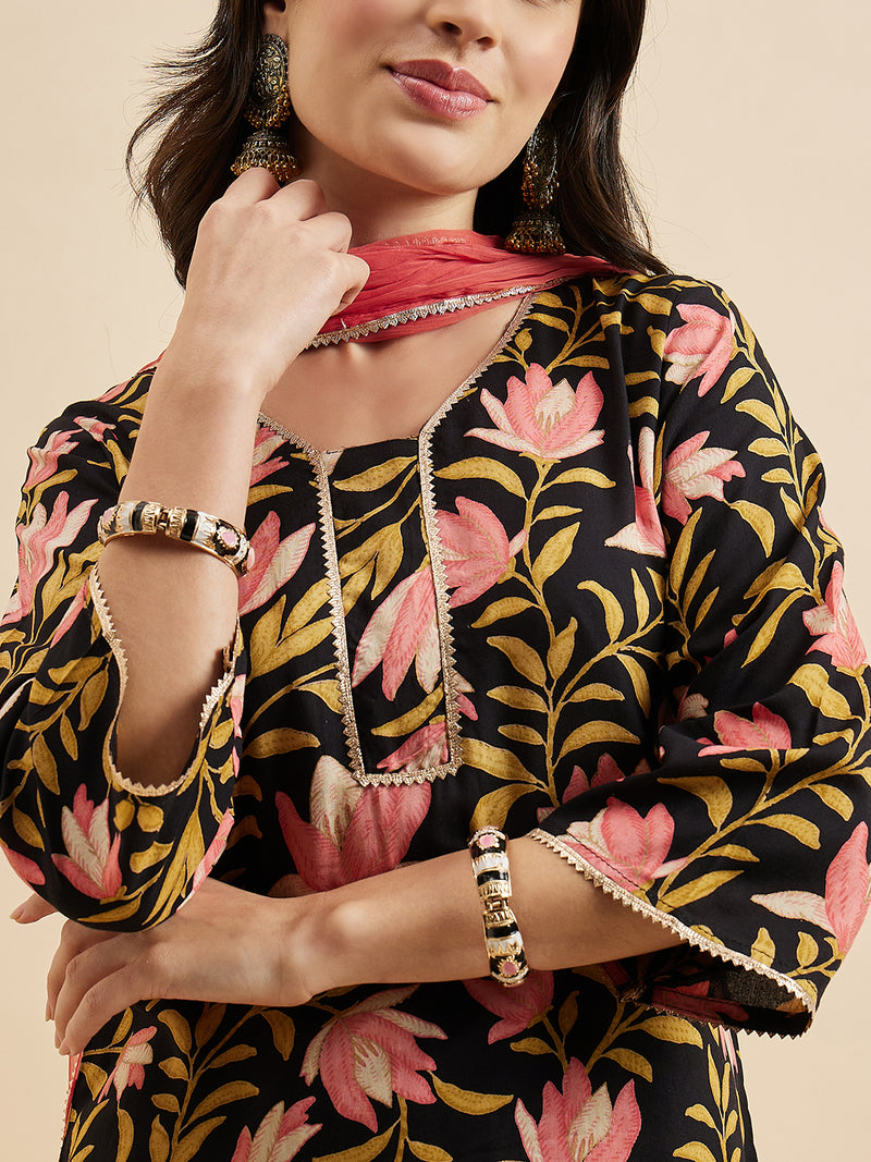 Floral Printed Kurta With Palazzo & Dupatta Set