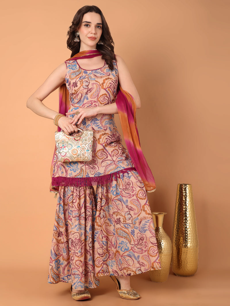 Round Neck Paisley Printed Kurta With Sahara & Dupatta Set
