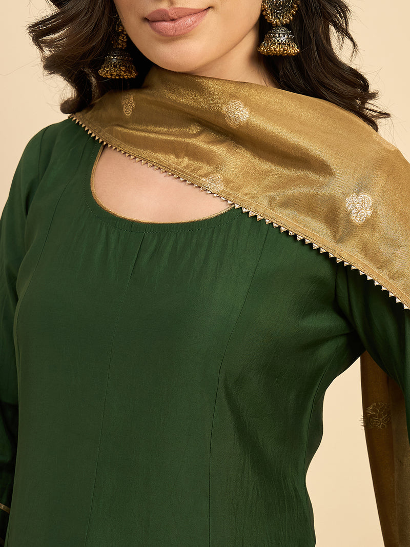 Green Solid Kurta With Palazzo & Dupatta Set