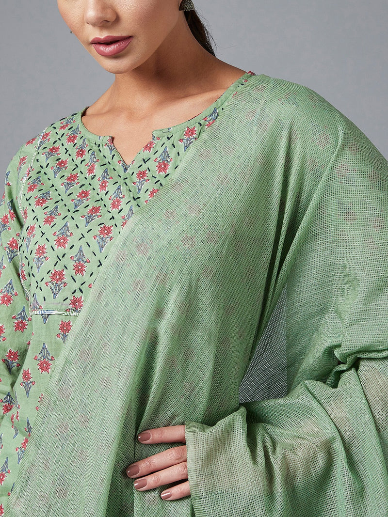 Green Printed Kurta With Dupatta & Palazzo