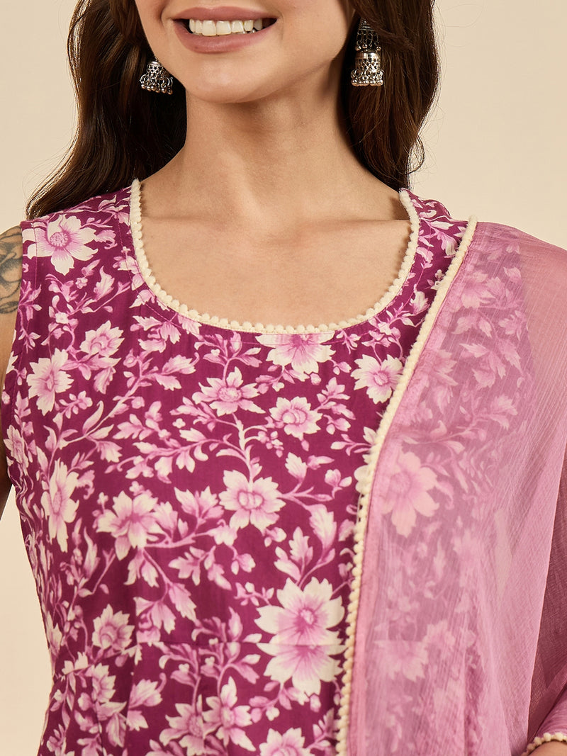 Floral Printed Kurta With Palazzo & Dupatta Set