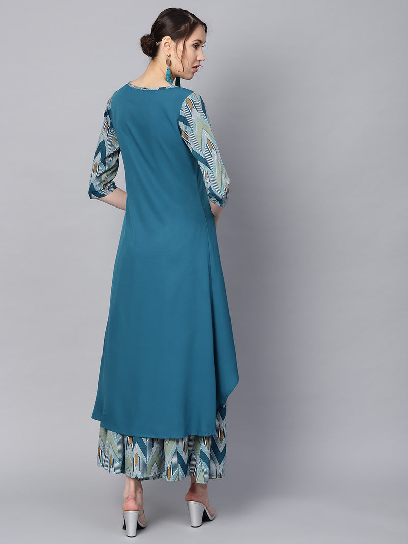 Blue Solid Crepe Kurta With Palazzo Set