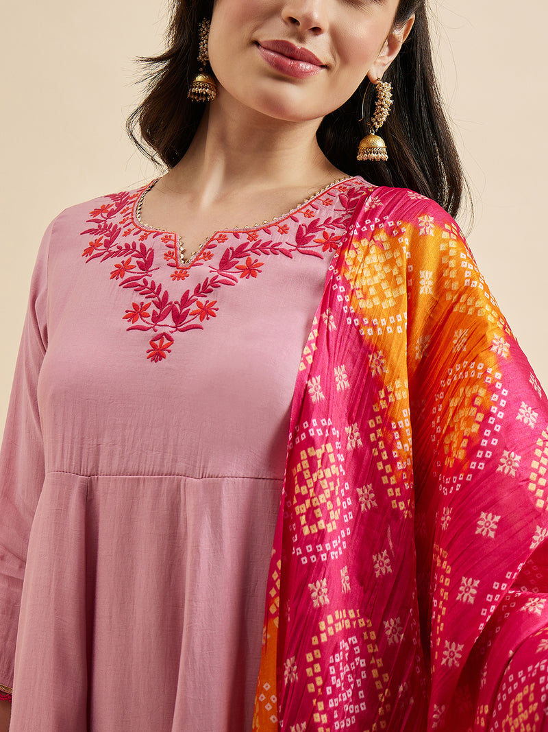 Embroidered Pink Kurta With Palazzo & Dupatta Set