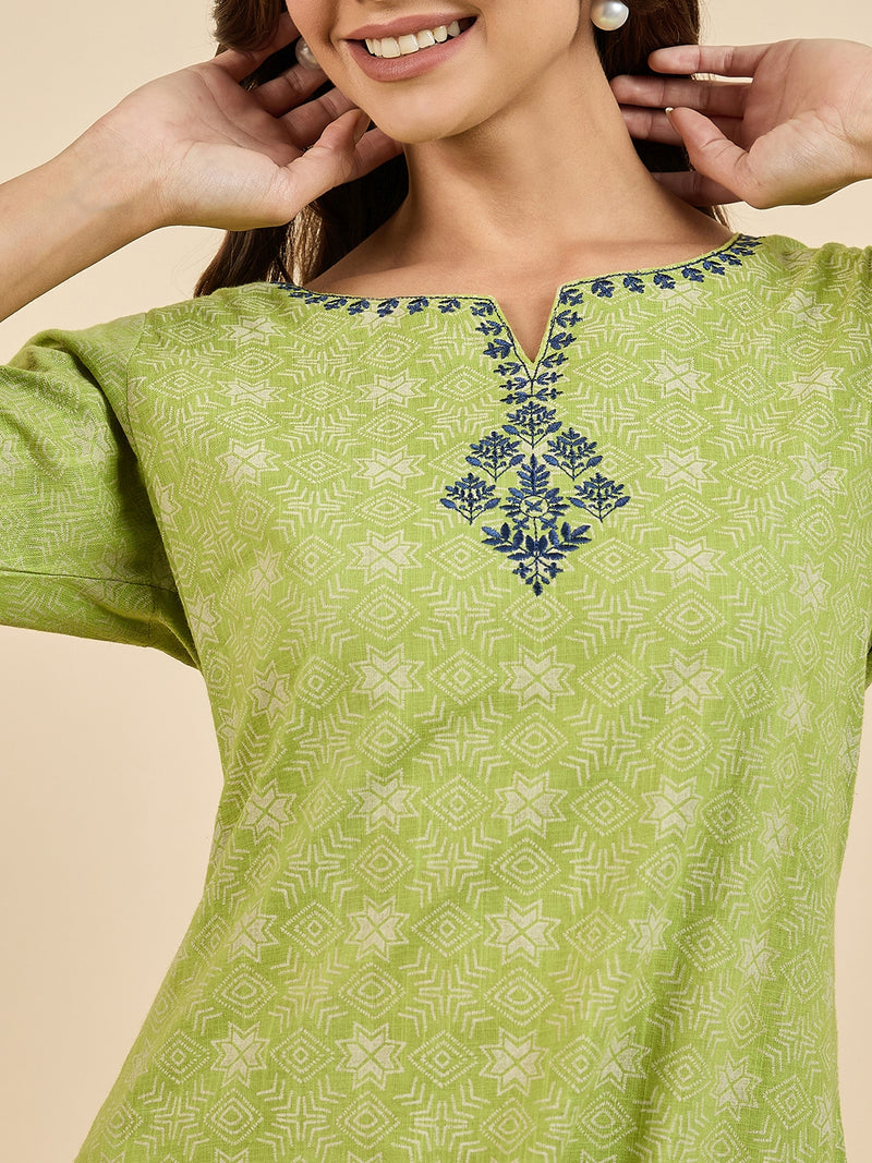 Green Cotton Straight Kurta