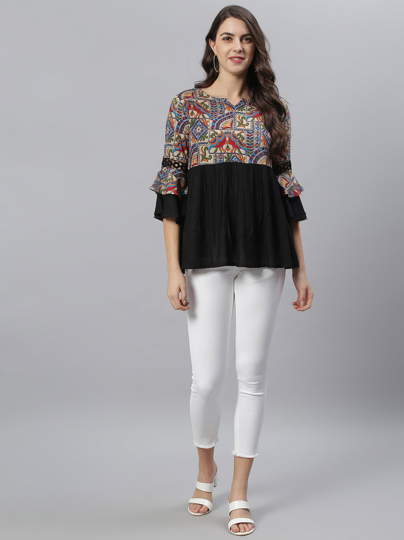 Black and Beige Abstract Printed Gathered Top