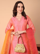 V-Neck Embroidery Kurta With Palazzo & Dupatta Set