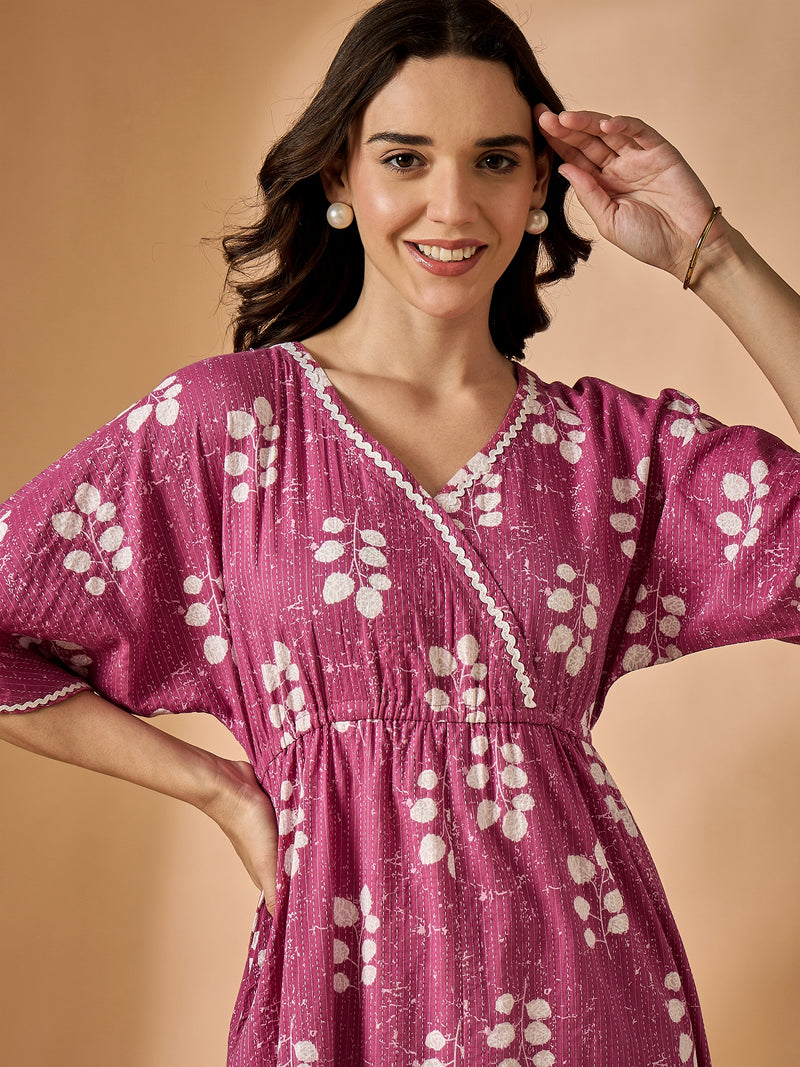 Pink V neck Fit & Flared Dress