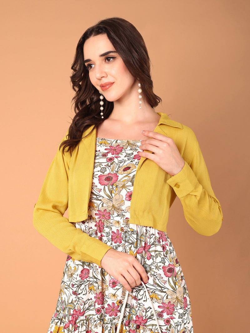 Floral Printed Flared Dress With Solid Jacket