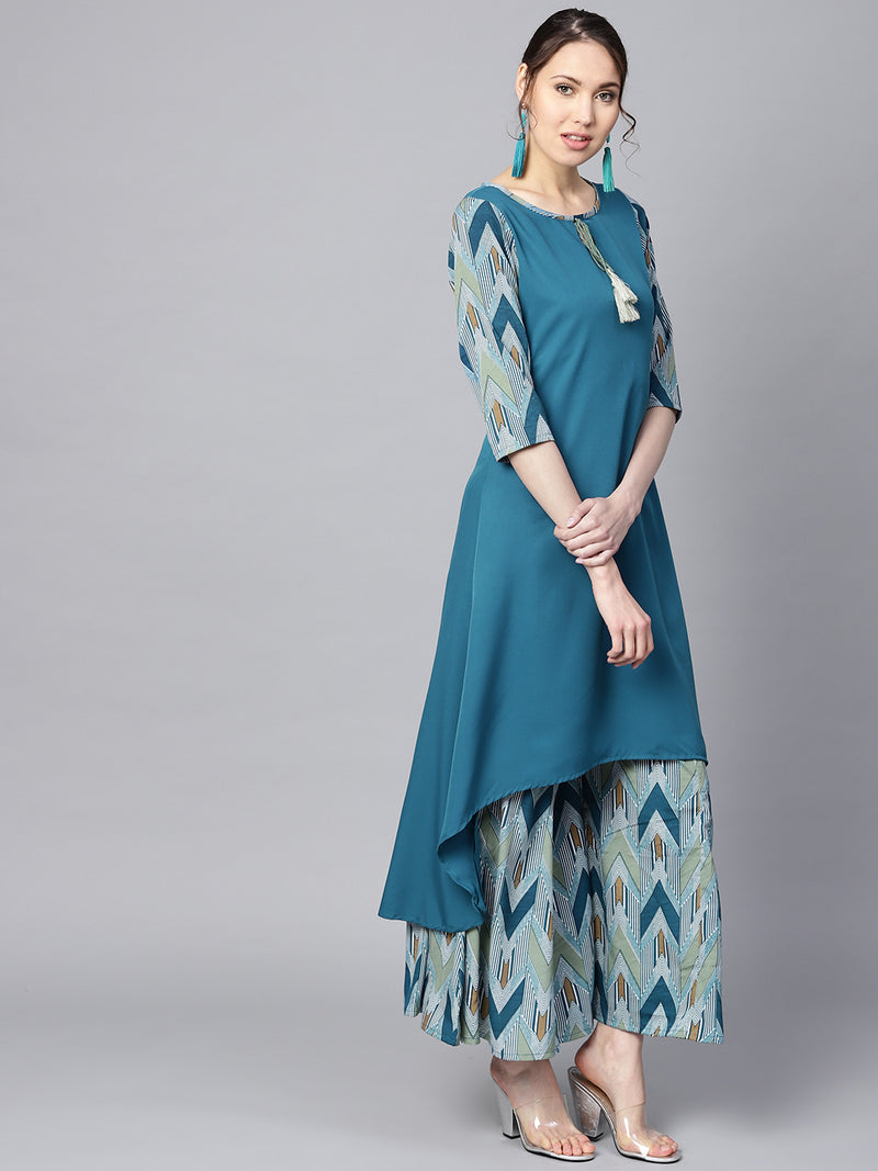 Blue Solid Crepe Kurta With Palazzo Set