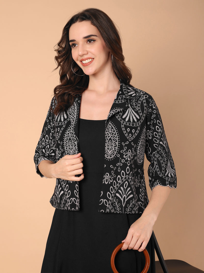 Gathered Dress With Printed Jacket
