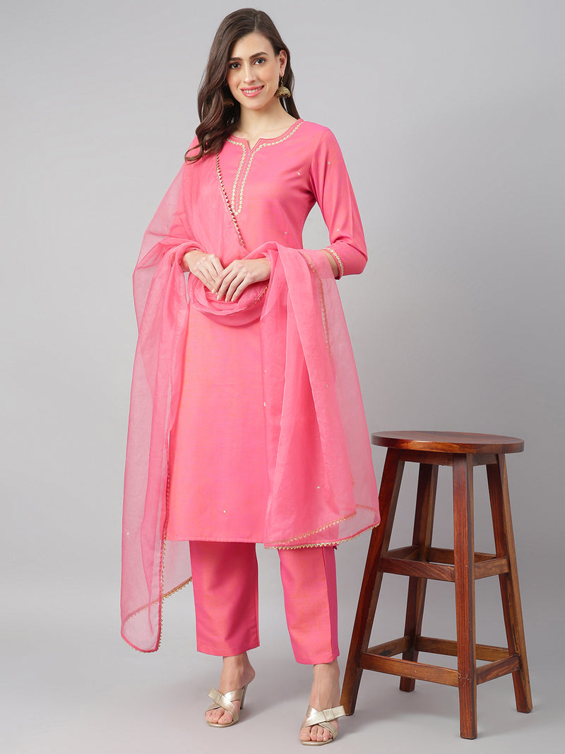 Solid Pink Embroidered Side Slit Straight Kurta