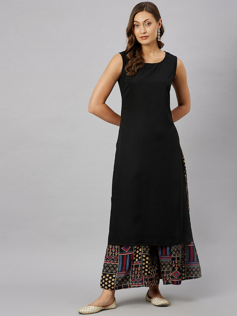 Printed Black Kurta With Palazzo & Jacket Set