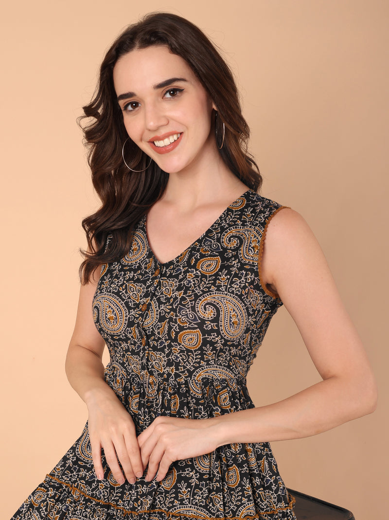 Paisley Print V-Neck Flared Dress