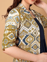 Gathered Dress with Printed jacket