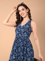 Blue Floral Printed Tiered Dress