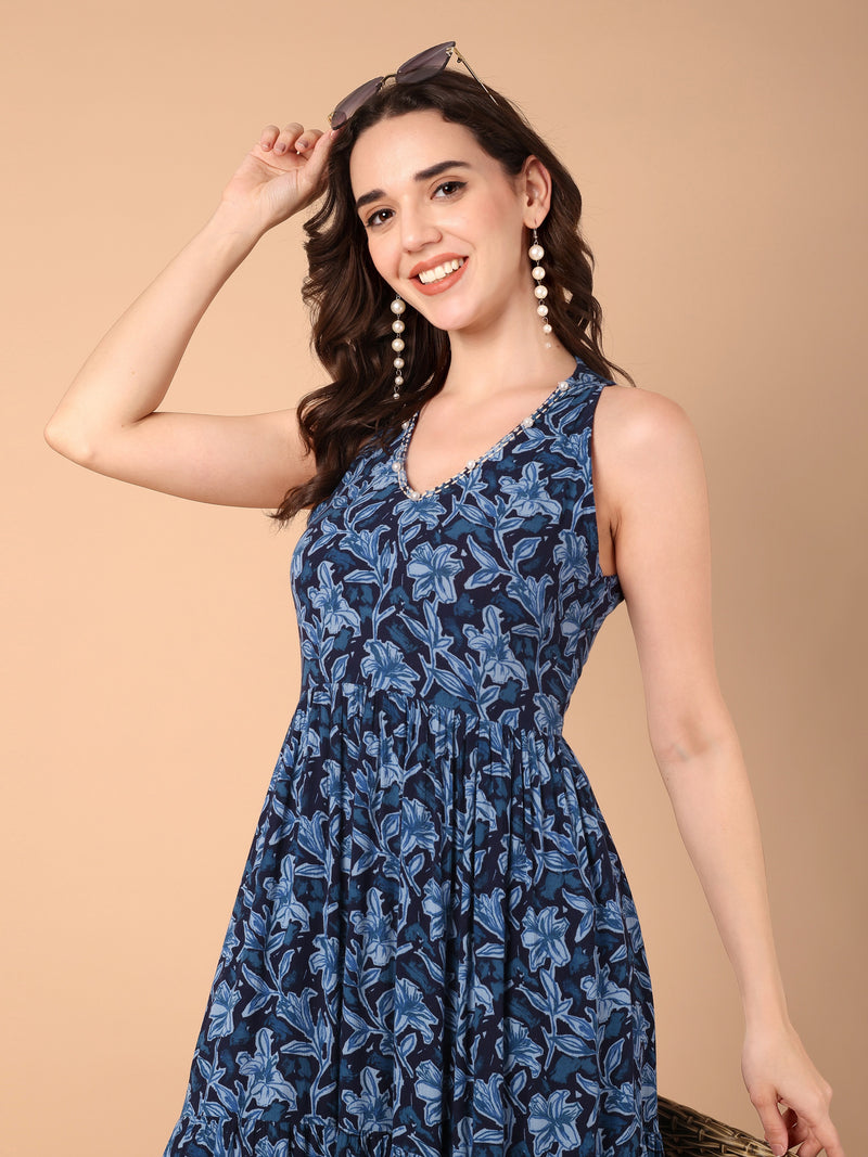Blue Floral Printed Tiered Dress