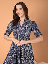 Printed Mandarin Collared Midi Dress