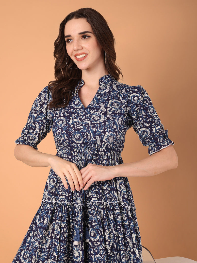 Printed Mandarin Collared Midi Dress