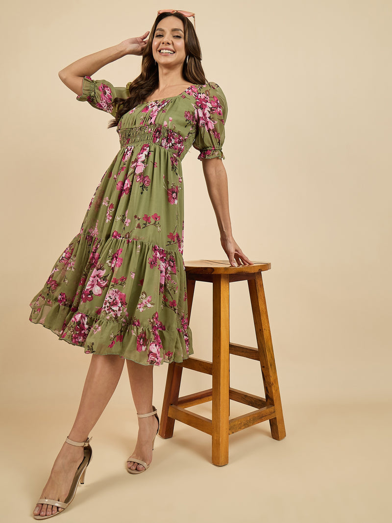 Floral Printed Three Tiered Dress