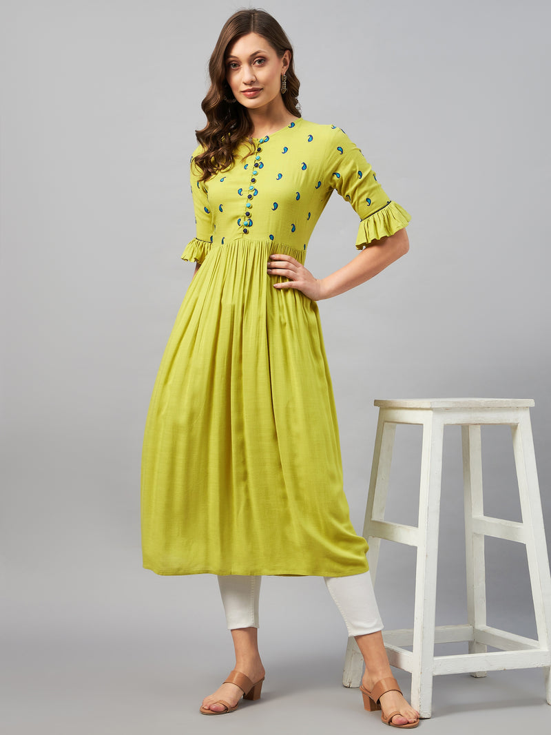 A-Line Lime Green Paisely Embroidered Rayon Kurta