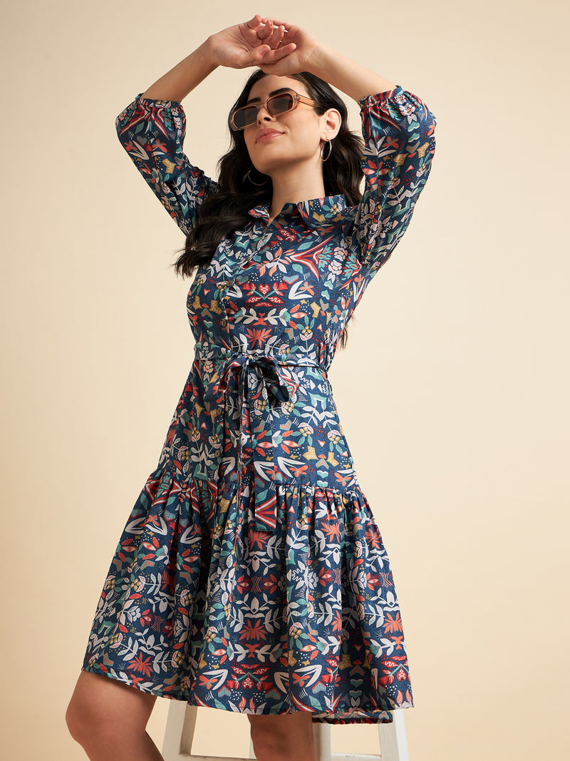 Floral Printed Tie Up Detail Mid Length Dress