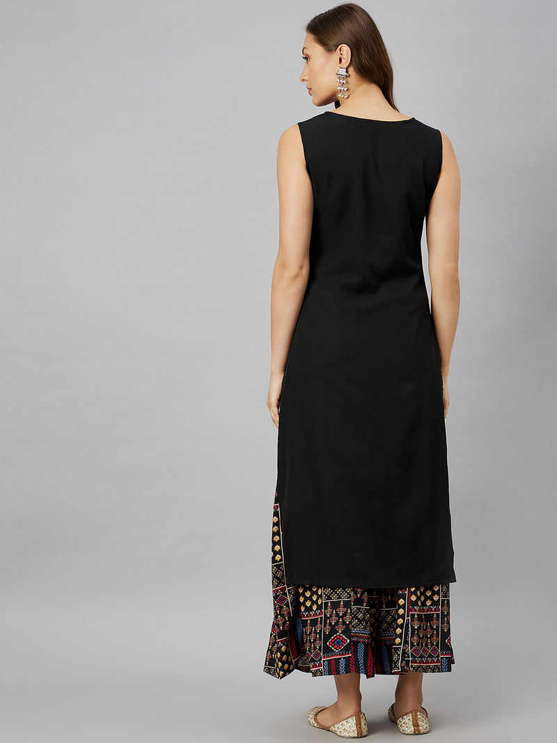 Printed Black Kurta With Palazzo & Jacket Set