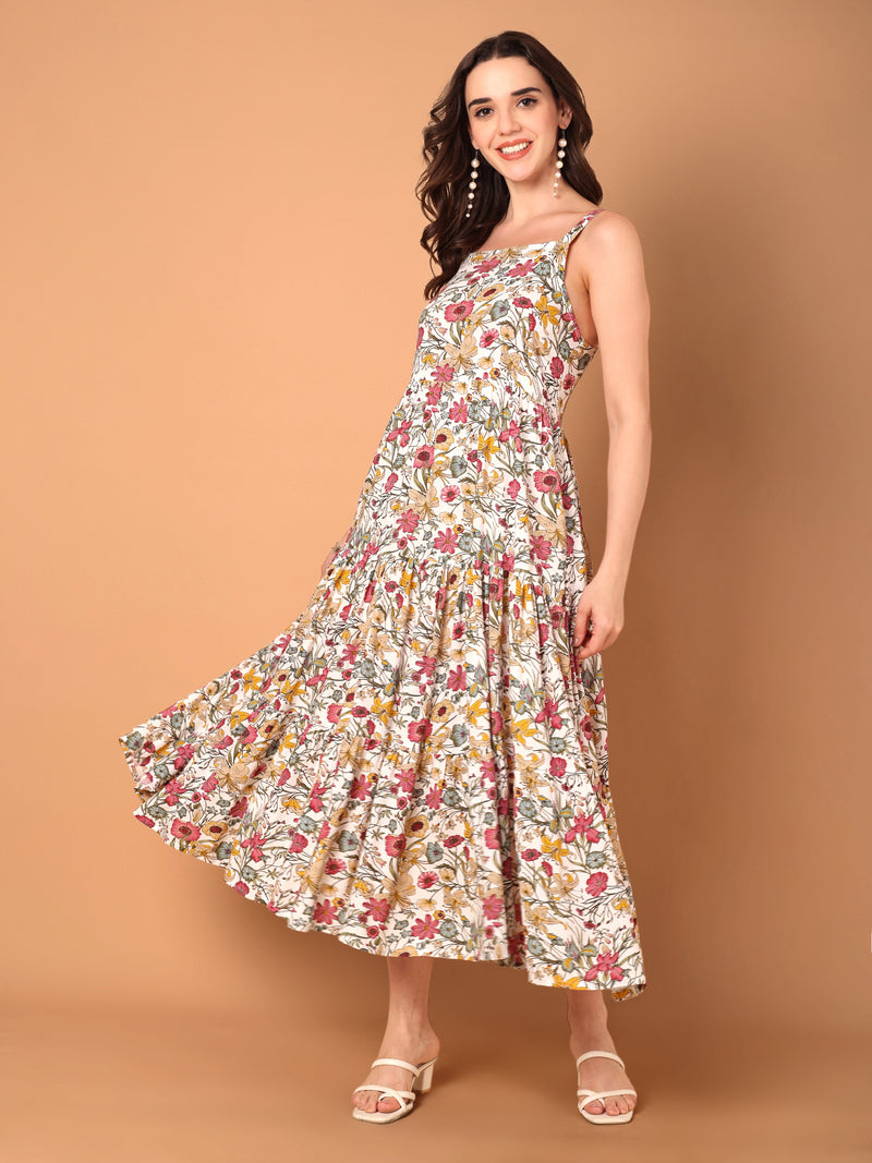 Floral Printed Flared Dress With Solid Jacket