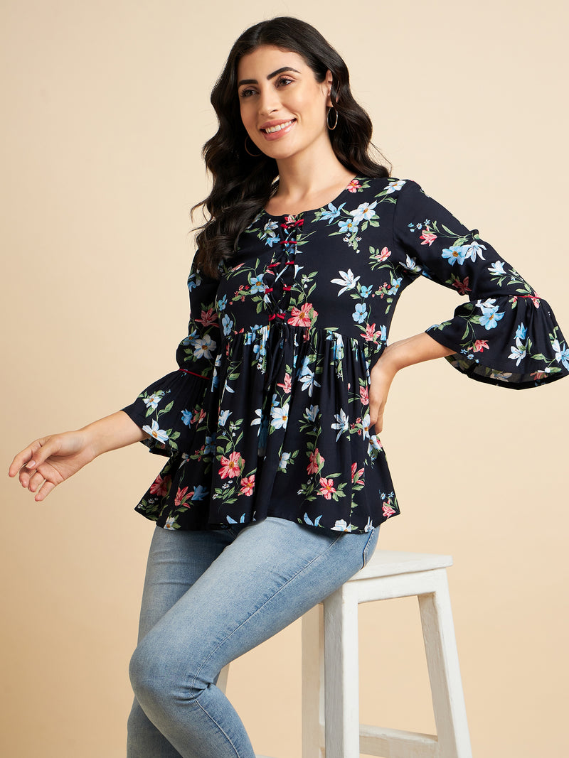 Floral Printed Navy Blue Rayon Top