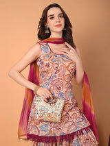 Round Neck Paisley Printed Kurta With Sahara & Dupatta Set