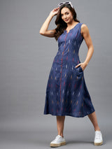 Navy Blue Ikkat Printed A-Line Button Down Dress