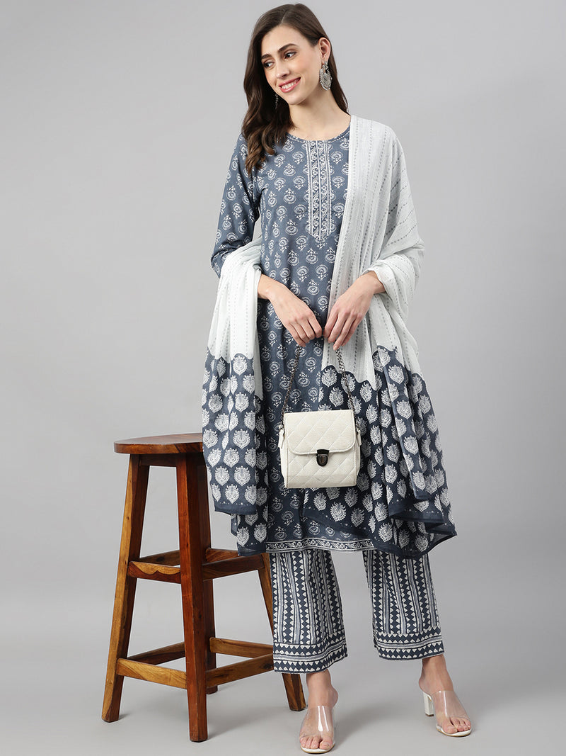 Floral Printed Kurta With Palazzo & Dupatta Set