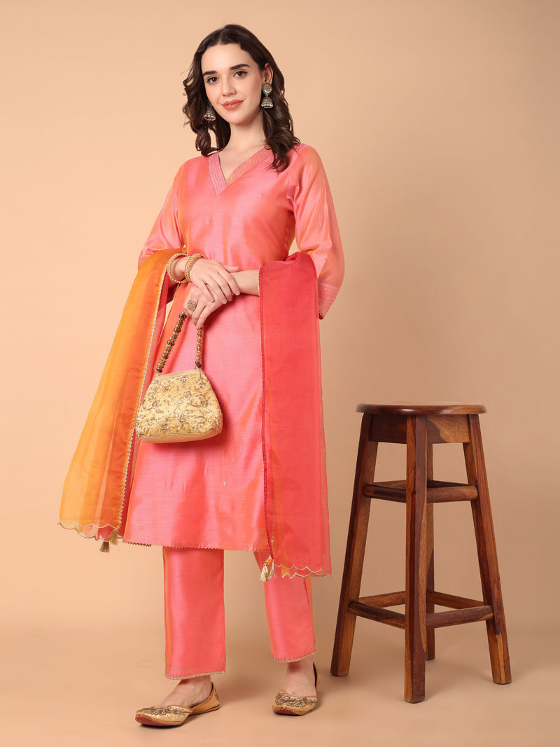 V-Neck Embroidery Kurta With Palazzo & Dupatta Set