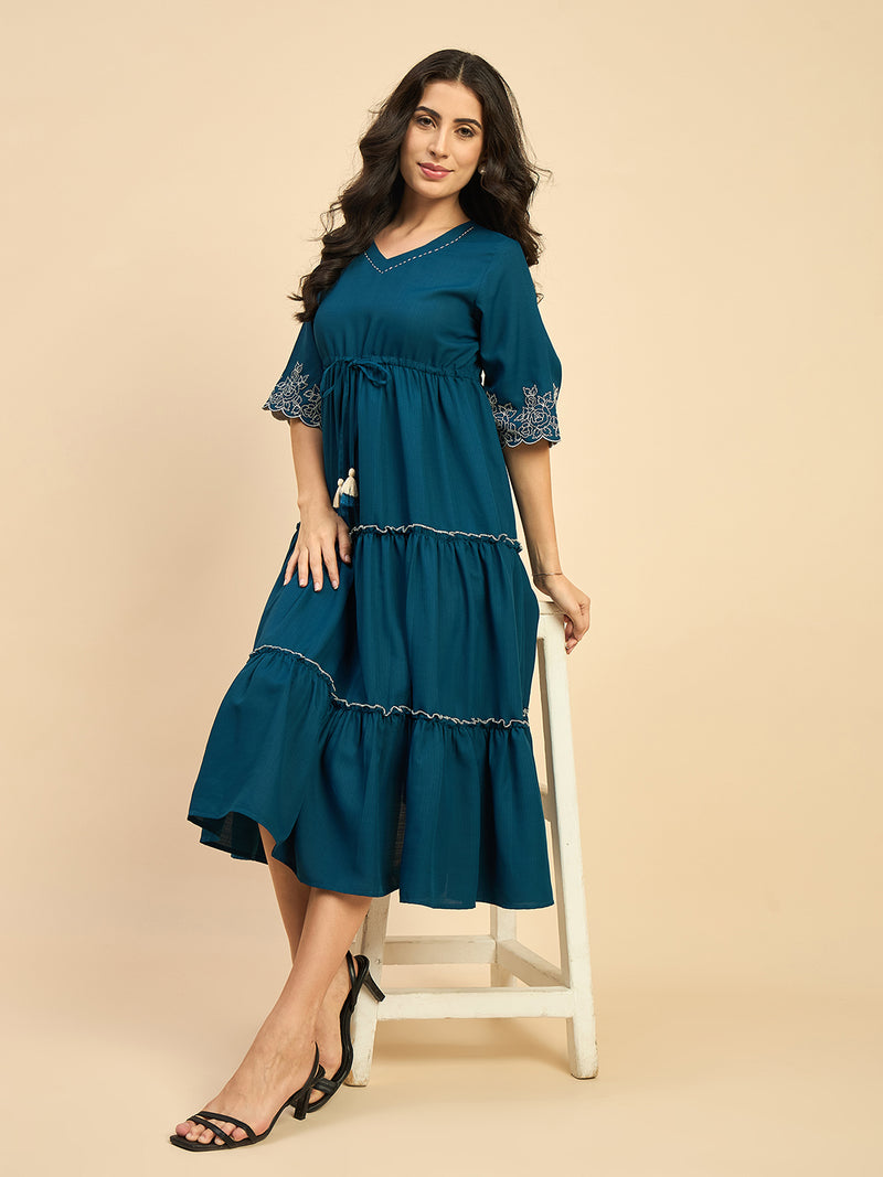 Blue Solid Embroidered Flared Dress