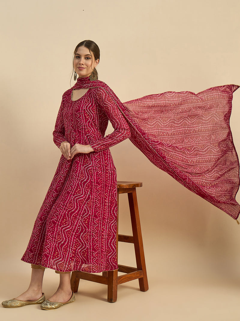 Pink Bandhani Printed Kurta With Dupatta