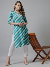 Striped Blue & White Printed Kurta