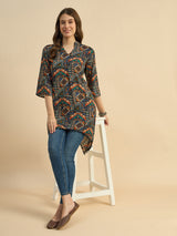 Printed Black Mandarin Collar Kurta