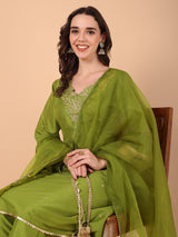 Embroidered Kurta With Palazzo & Dupatta Set