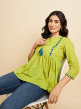 Lime Green Embroidered Peplum Cotton Top