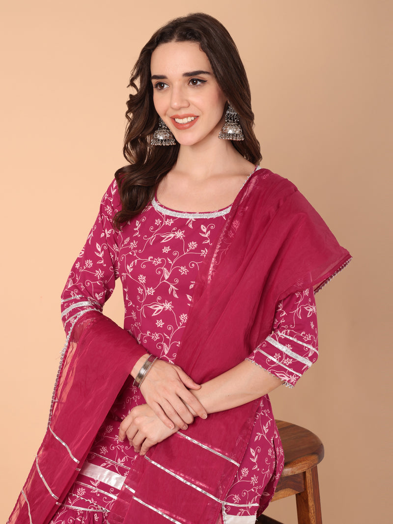 Pink Floral Printed Kurtas With Sahara & Dupatta Set