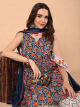 Floral Printed  Gathered Keyhole Neck  Kurta with palazzo & dupatta set