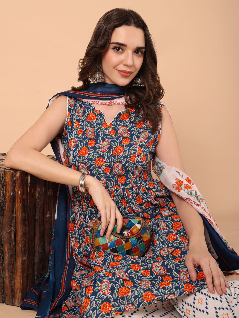 Floral Printed  Gathered Keyhole Neck  Kurta with palazzo & dupatta set