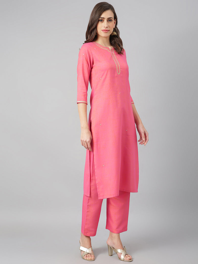 Solid Pink Embroidered Side Slit Straight Kurta